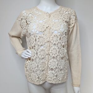 90s Vintage Cream Color Hollow Crochet Doily Lace Front Cardigan Sweater